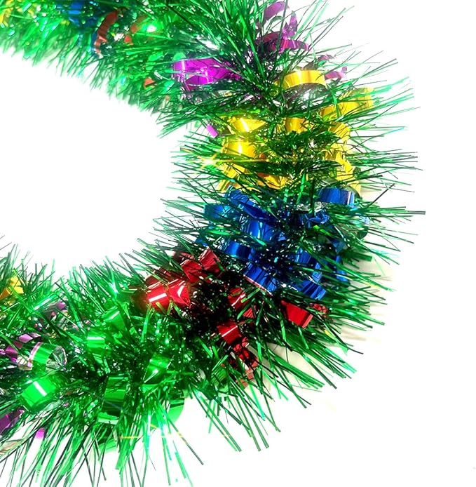 33Ft Green Tinsel Twist Garland Shiny Thick Metallic Foil Xmas Tree Decorations for Christmas New Year Parties St Patricks Day Parade Floats and Other Holidays Party Hanging Decor-(Colours+Green)