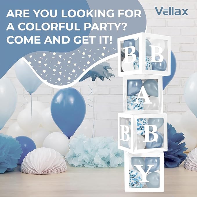 Baby Shower Boxes with Letters – White Boxes with White, Dusty Blue, Light Blue and Confetti Balloons – 44-Piece Gender Reveal & Party Decoration Set by Vellax