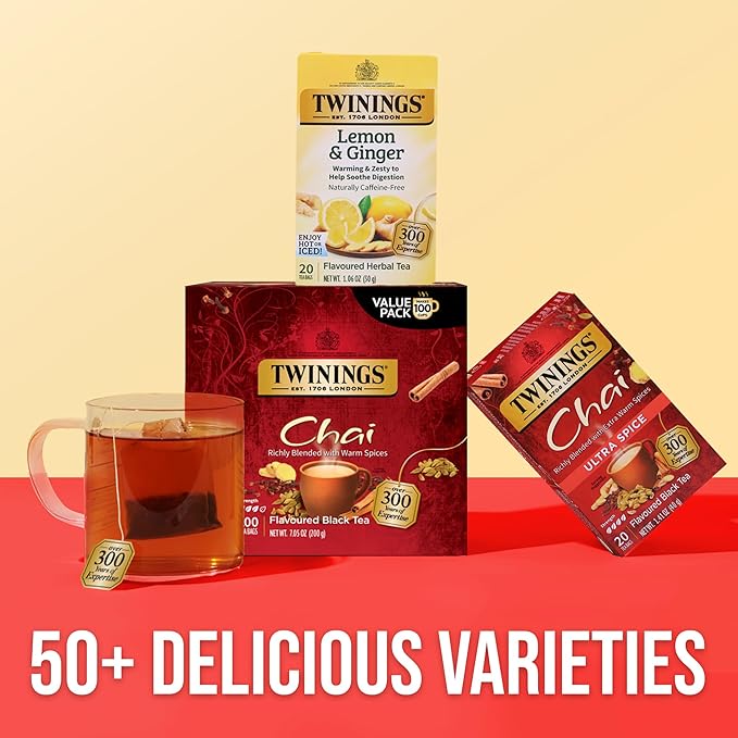 Twinings Chai Black Tea Individually Wrapped Bags, 100 Count (Pack of 1), Richly Blended with Warm Spices, Caffeinated, Enjoy Hot or Iced, 100 Teabags