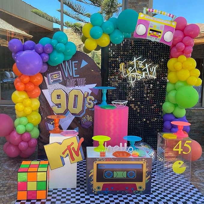 Back to 80s 90s Party Decorations, Rainbow Neon Disco Balloon Garland Arch Kit, Retro Disco Radio Foil Balloon for Retro Birthday Party Decorations Hip Hop Rock Photo Props Backdrop