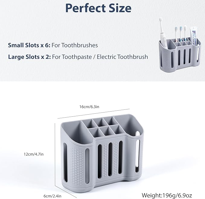 Toothbrush Holders for Bathrooms, Electric Toothbrush, Shaver and Toothpaste Holder, 6 Small Slots &2 Large Slots, Bathroom Organizer and Storage, Bathroom Accessories (Gray)