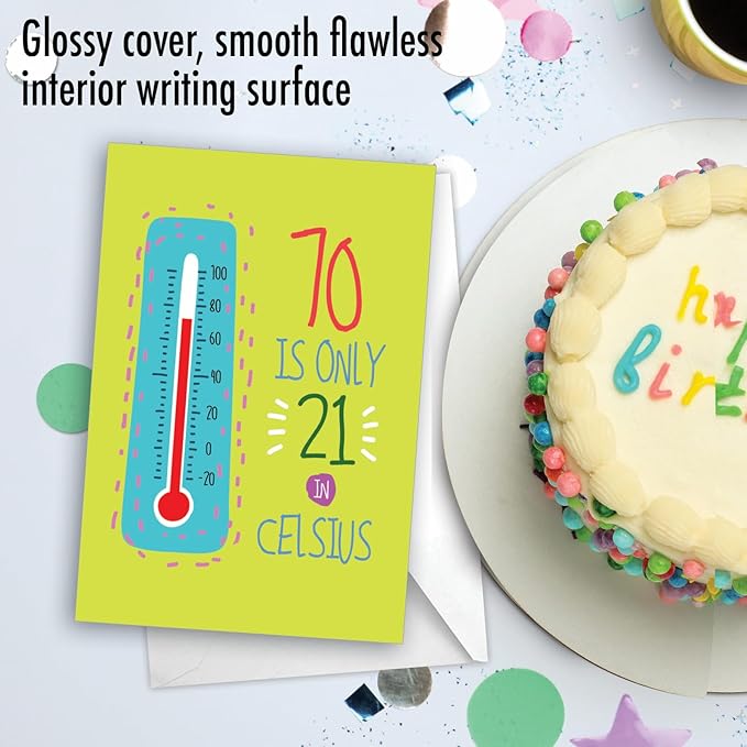NobleWorks - 70th Birthday Card Funny - 70 Year Old Humor Notecard, Milestone Birthdays Celebration - In Celsius 70 C9350MBG