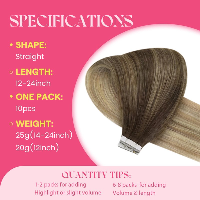 Ve Sunny Tape in Hair Extensions Human Hair, 24inch Dark Golden Blonde Highlight Platinum Blonde Tape in Extensions, Double Sided Adhesive Hair Extensions 25g