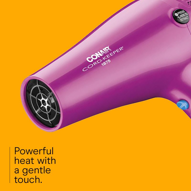 Conair Hair Dryer with Retractable Cord, 1875W Blow Dryer, 3 Heat Settings, 2 Speeds, Blow Dryer with Diffuser and Concentrator Attachments, Ionic + Tourmaline Technology, Pink