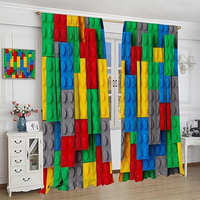 Kids Building Blocks Toy Curtains for Kids Room W42 x L45 Inch Rod Pocket Contour Plastic Colorful Toy Bricks Geometric Print Pattern Curtains for Boys Girls Bedroom 2 Panels