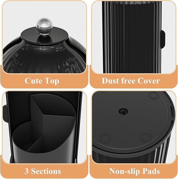 Dustproof Toothbrush Holders with Cover, Rotating Electric Toothbrush and Toothpaste Holder for Bathroom Countertop, 3 Slots Makeup Brushes Organizer, Solid Black