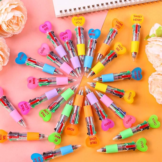 24pcs Valentine's Day Hearts Pens Cute Cartoon Multicolor Pen Fun 4-in-1 Pens Bulk Be Mine Love XOXO Valentines Stationery Party Favors School Supplies Students Rewards