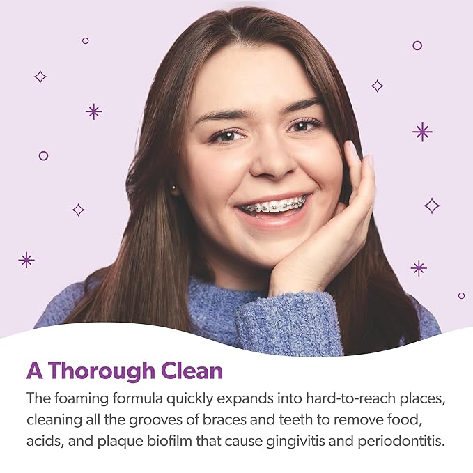 EverSmile OrthoFoam Braces Cleaner — Travel Size – Brushable Foam Whitens Teeth, Eliminates Bacteria, Fights Plaque and Bad Breath – Cleans Under Metal, Ceramic, Clear Brackets and Wires – 25ml