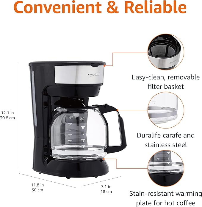 Amazon Basics Coffee Makers, 12-Cup Coffee Machines with Reusable Filter, Coffee Pots, Black & Stainless Steel