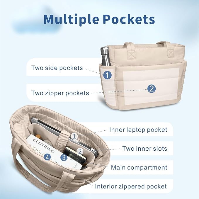 TOPDesign Puffer Tote Bag for Women, Lightweight Puffy Handbag with Compartments, Quilted Shoulder Bag for Work, Travel, Gym