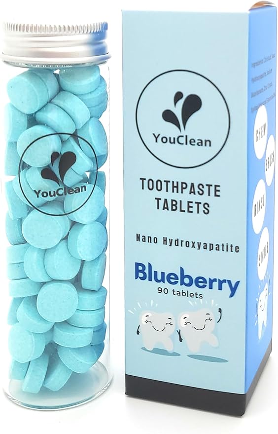 90 Toothpaste Tablets in Refill/Recycle Glass Tube - for Travel and Daily Home Office Use - Nano Hydroxyapatite, Fluoride-Free, Vegan (Blueberry90)