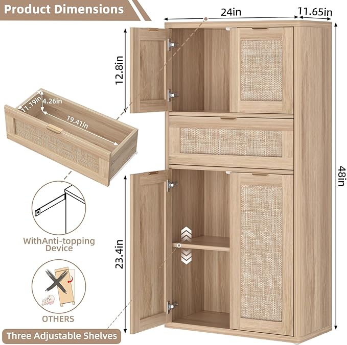 LEYAOYAO 48" Tall Storage Cabinet Set of 2,Rattan Bathroom Floor Cabinets with 4 Doors & 1Drawer,Boho Kitchen Pantry with Adjustable Shelves,Wooden Cupboard for Living Room,Home Office,Natural Wood