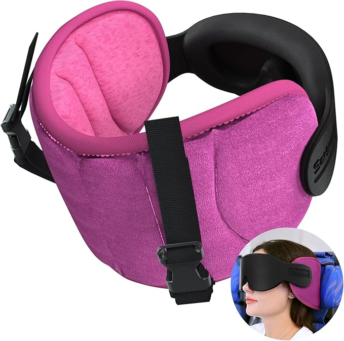 SARISUN Travel Pillows for Airplanes, Airplane Pillow for Long Flight, Airplane Head Strap with Eye Mask for Sleep, Travel Neck Pillow for Car Road Trip, 360° Support Headrest, Stop Bobblehead, Pink