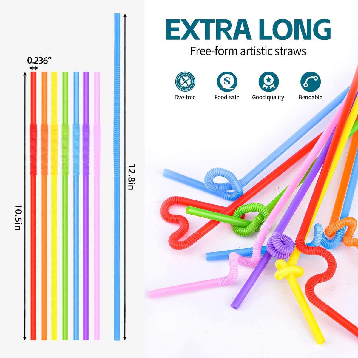 200PCS Flexible Plastic Straws, Colorful Disposable Bendy Party Fancy Straws12.8inch Extra Long Straws Party Decorations