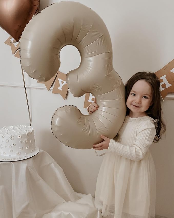 Number 3 Balloon Beige,40 Inch Large Cream Foil 3 Helium Balloons for Boys Girls Birthday Anniversary Decorations