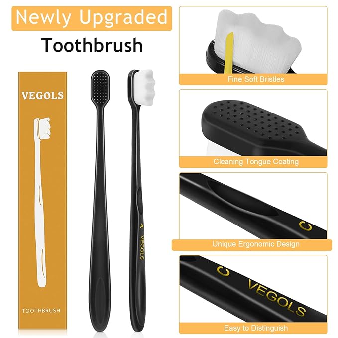 Adult Extra Soft Toothbrush with 20000 Soft Bristles, (Pack of 6) Micro Nano Manual Toothbrushes for Protect Sensitive Gums - Black