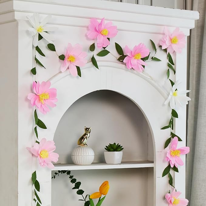 2PCS Paper Flower Garland, Paper Leaves Banner Vine Flowers with Green Leaves Crepe Flower Garland Decorations for Wall Anniversary Wedding Birthday Arch Decor-Pink