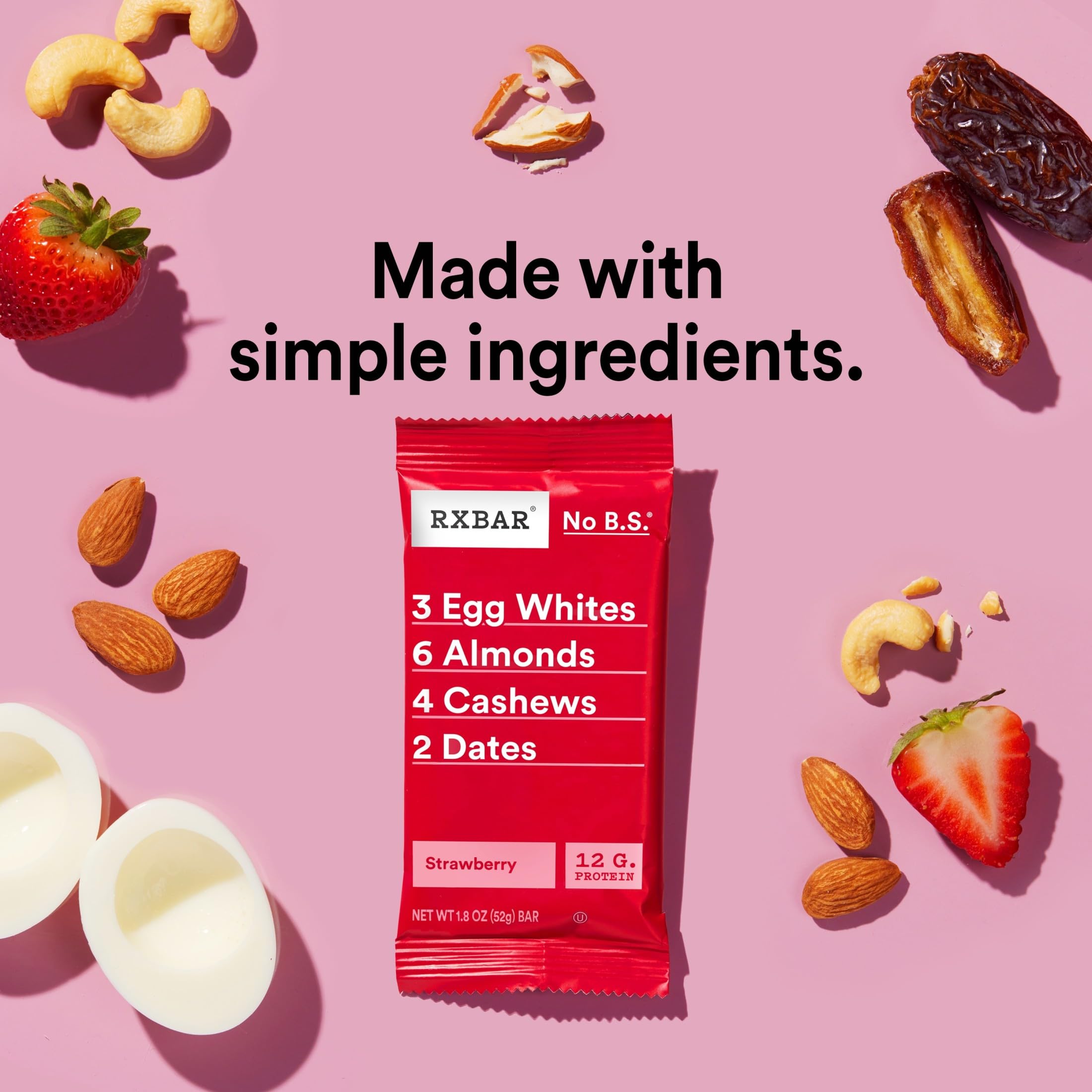 RXBAR Protein Bars, 12g Protein, Gluten Free Snacks, Strawberry, 22oz Box (12 Bars)