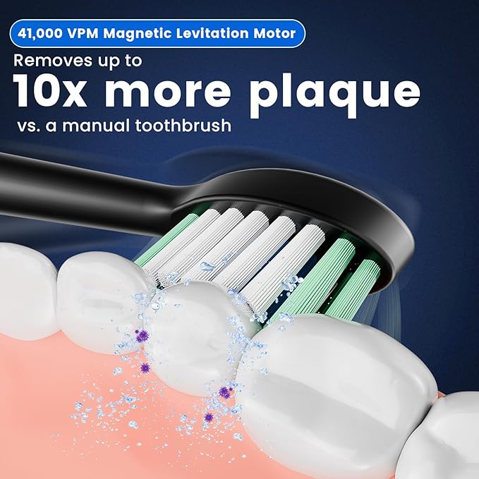 Betterchoi Sonic Electric Toothbrush for Adults, USB Rechargeable Toothbrush - 41,000 VPM Maglev Motor - 4 Brush Heads - IPX7 Waterproof, 180-Day Battery Life, 5 Cleaning Modes & Smart Timer, Black