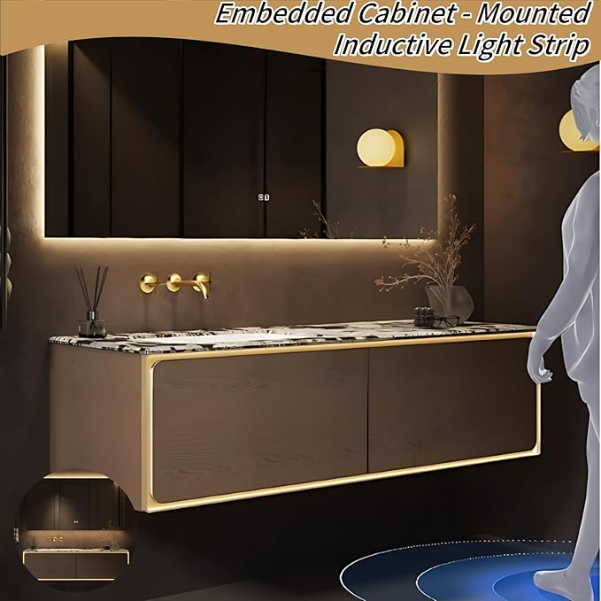 58IN Bathroom Vanity Set with a Single Sink - Embedded Sensor Light Strip & Large Capacity Floating Cabinet | Modern Bathroom Vanities with Defogging Mirror Surface & LED Lighting (Mirror Cabinet)