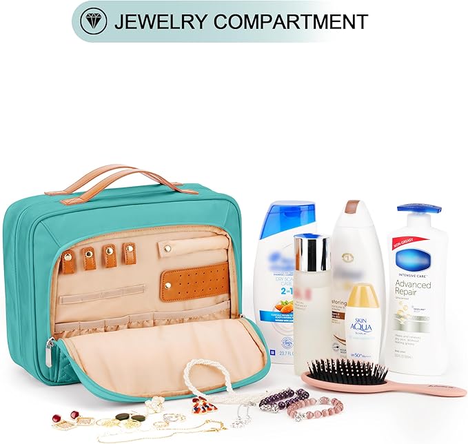 COOSKY Travel Hanging Toiletry Bag for Women, Cruise Ship Essentials, with Jewelry Organizer, Extra Large Makeup Dopp Kit, Waterproof Cosmetic Bags, Toiletries Kit Set with Trolley Belt, Blue