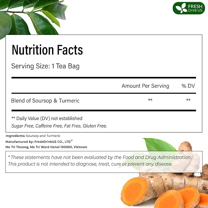 FreshDrinkUS, Premium 60 Soursop Turmeric Tea Bags, 100% Natural, Blend of Soursop Leaves, and Turmeric Root. Made with Natural Material Tea Bags. No Sugar, Vegan.