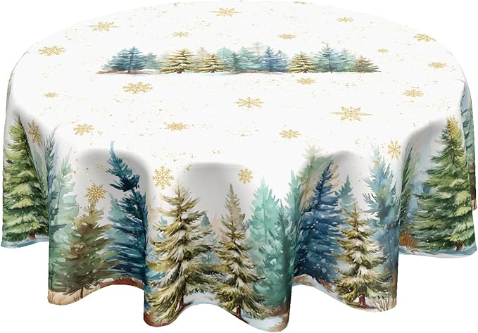 Christmas Round Tablecloth 70 Inch Xmas Tree and Snowflake Pattern White Table Cloth Circle Winter Holiday Table Cover Washable Polyester Indoor Decor for Home Kitchen Dinning Party