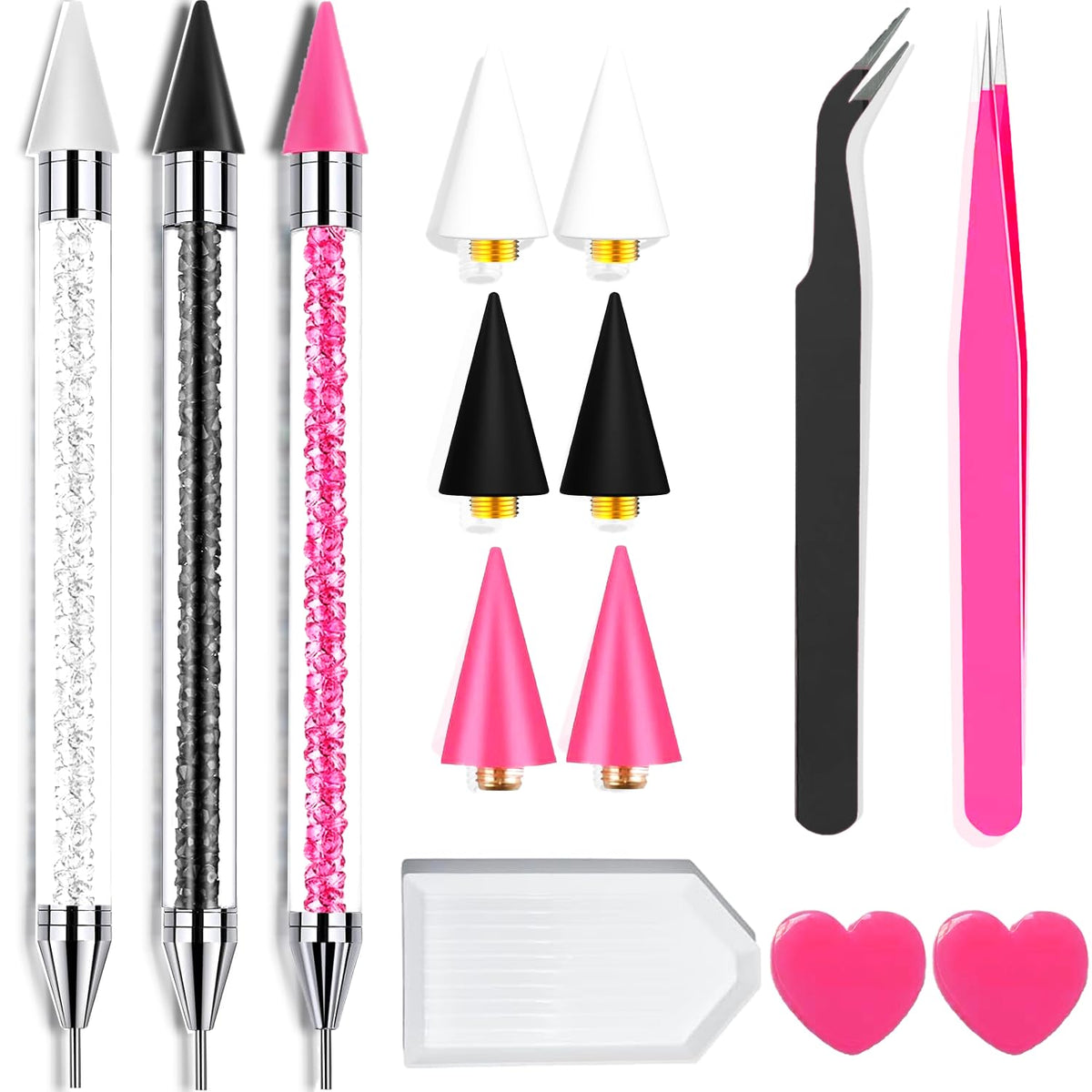 14 Pcs Rhinestone Picker Tool - 3 Pcs Dual-head Pens with 6 Wax Tips, Useful Clay, Precision Curved and Straight Tweezers Kit for Picking Up Nail Art Gems, Stones, Crystals, and Nail Charms