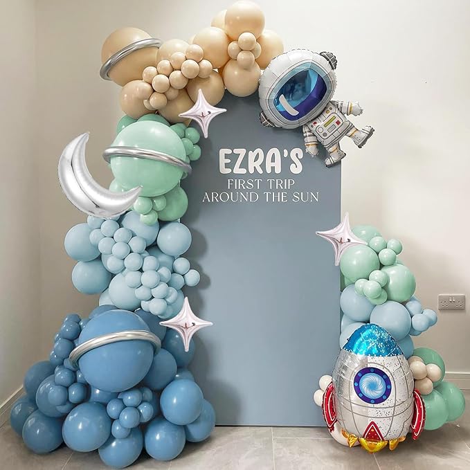 137Pcs Space Balloon Arch Garland Kit with Dusty Blue Green Nude Rocket Astronaut Moon Star Balloons for Space Baby Shower, Nasa Party Decor, Astro Bot Party Supplies, Over The Moon for Boy