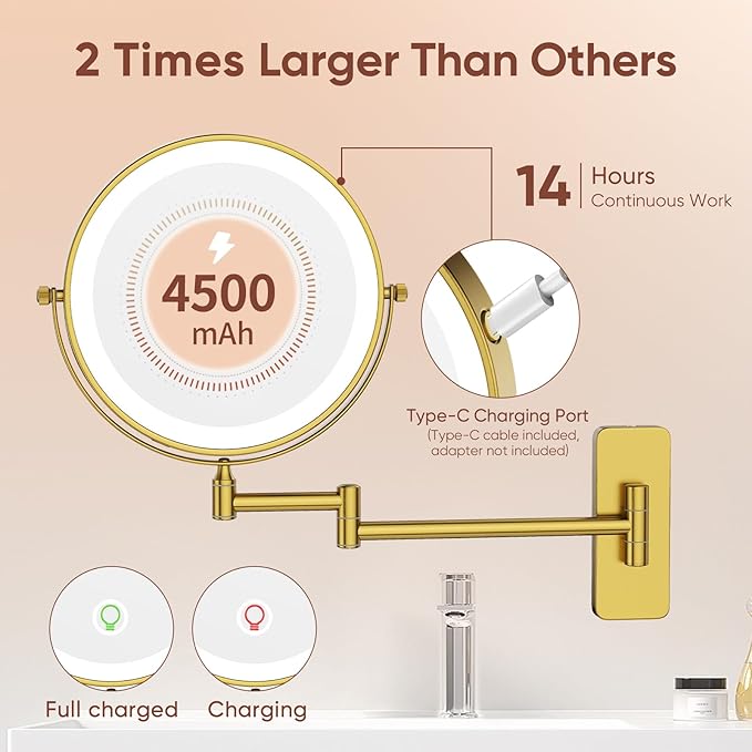 GURUN 8" Rechargeable Wall Mounted Makeup Mirror- 10X Magnifying Mirror with Light | 3 Color LED Lighting & Touch Control | 360° Rotation & Extended Arm | Dual-Sided Bathroom Mirror M1406DGJ(8",10X)