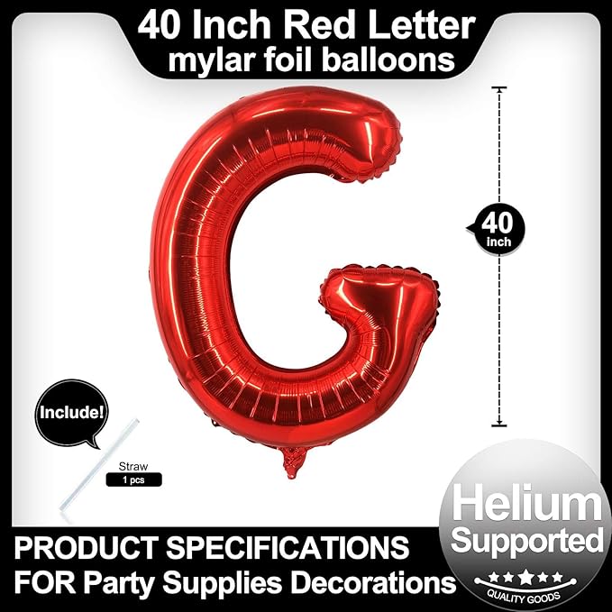 40 Inch Red Letter G Balloons, DIY Phrase Foil Alphabet Letter G Balloons DIY Word G Banner for Birthday Anniversary Celebration Graduation Party Supplies Decoration