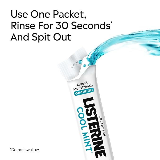 Listerine On-The-Go Cool Mint Alcohol Free Mouthwash Packets, Oral Rinse in Individual Packets Kills Bad Breath Germs, Less Intense Taste, Cool Mint Flavor, Mini Travel Size, 0.33 fl oz. Pack of 5