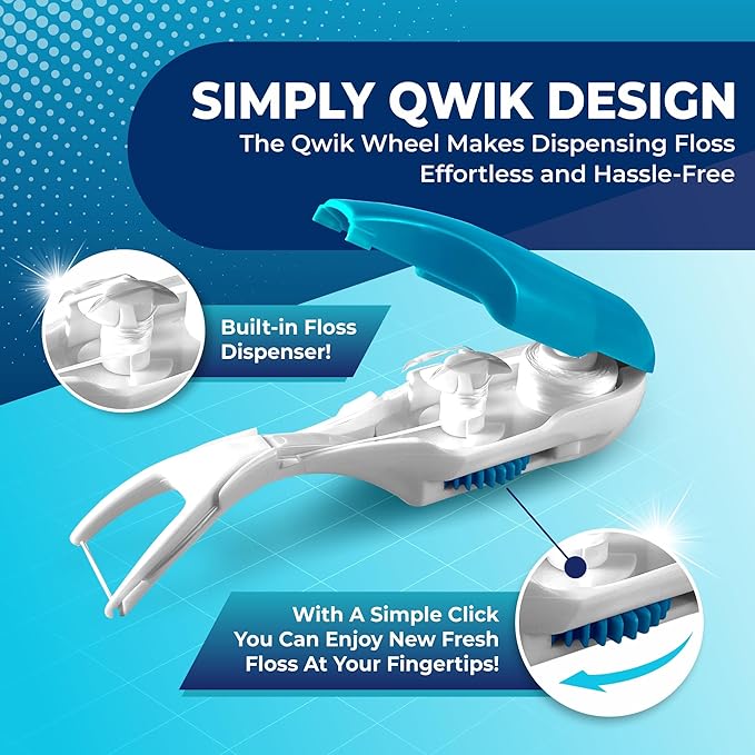QWIK Automatic Dental Flosser | Click-to-Use, Reusable & Refillable | Pre-Loaded Floss with Travel Cover | Easy Flossing for Plaque Removal, Clean Teeth & Fresh Breath (Dark Blue)