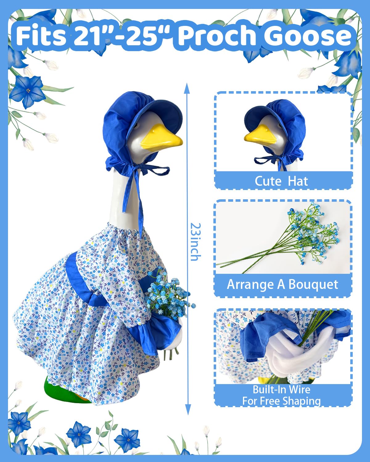 Fall Summer Porch Goose Outfits, Floral Dress & Hat Fits 23" Statue