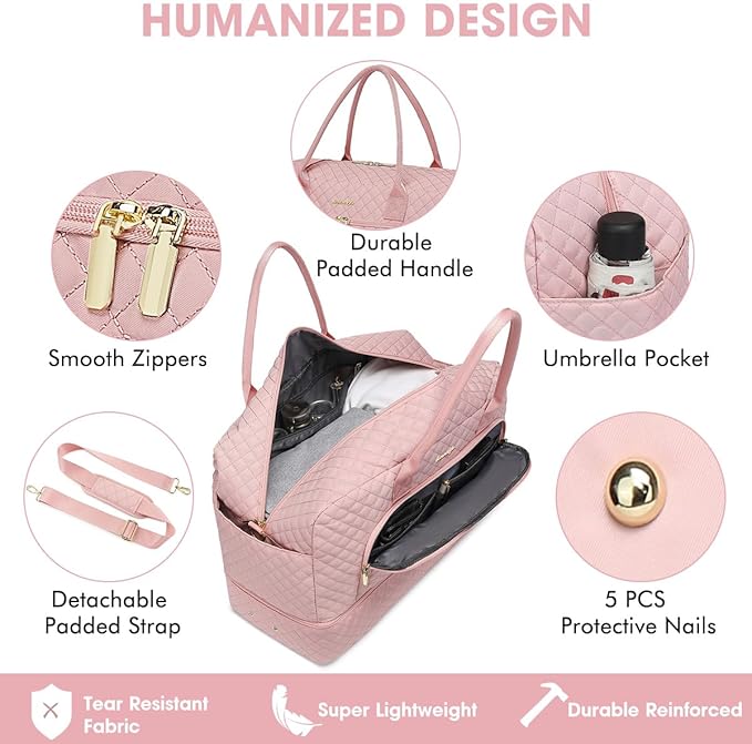 Travel Duffle Bag Weekender for Women - 38L Carry-On Overnight Personal Item Bag with Shoe Compartment & Wet Pocket Weekend Tote Bags with Toiletry Hospital Bags for Labor and Delivery