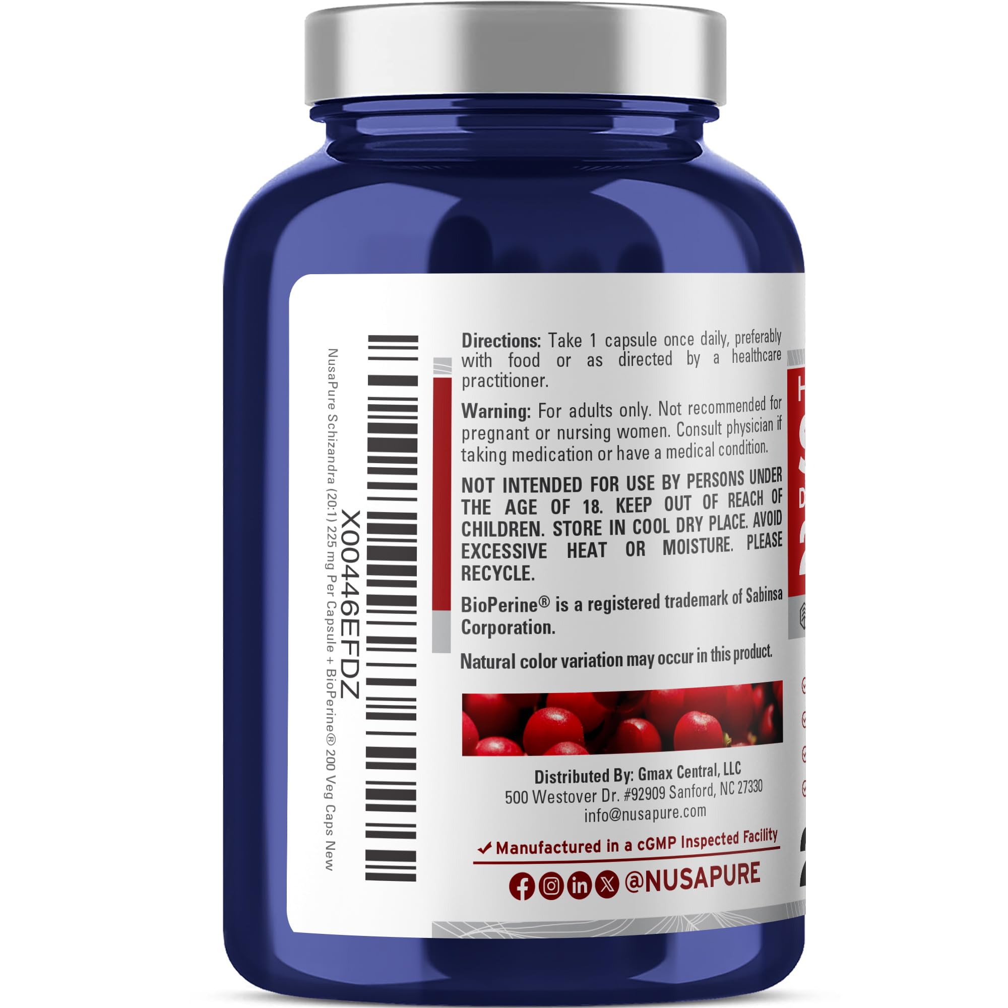 NusaPure Schizandra Berries Capsules, 225 mg, 200 Veg Capsules (Non-GMO, Vegan)