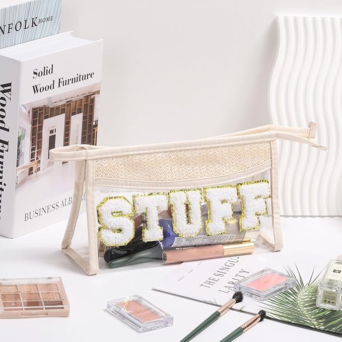 Etercycle Boho Straw STUFF Bag, Clear Waterproof Beach Bag Small Zipper Makeup Bag, Chenille Letter Patch Cosmetic Bag Holiday Vacation Summer Beach Gifts for Summer Travel