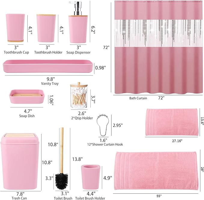 Pink Bathroom Accessories Set Bathroom Set with Sequin Shower Curtain,Towel Set Pink Bathroom Decor with Trash Can