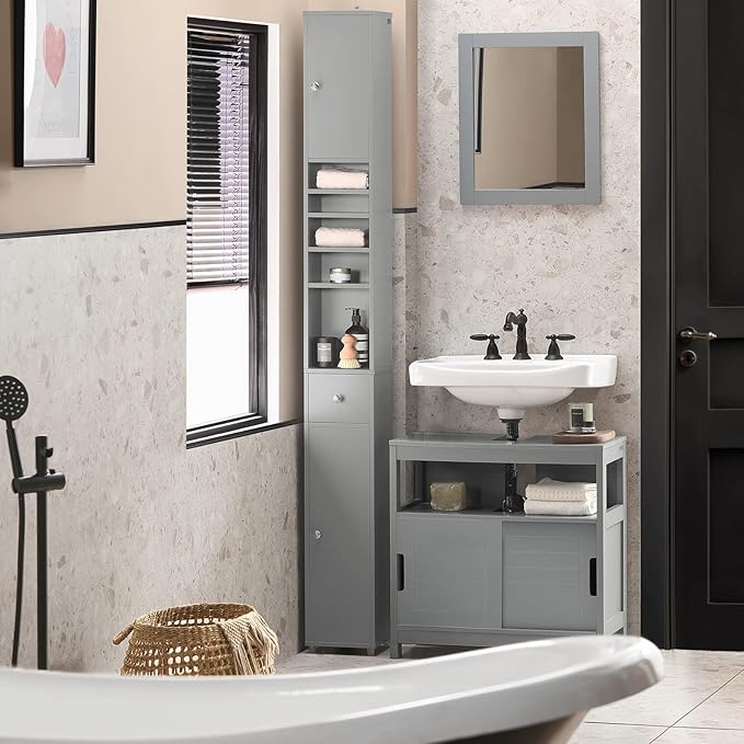 SoBuy Bathroom Narrow Storage Cabinet Skinny Tall Unit with Adjustable Shelves Slender Anti-Tipping Floor Standing Cupboard, Gray BZR34-HG