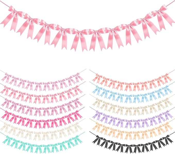Dusty Pink Bow Garland Bow Banner Bow Party Decorations Pre-Strung Large Coquette Satin Ribbon for Birthday Bachelorette Party Bridal Shower Wedding Engagement Baby Shower