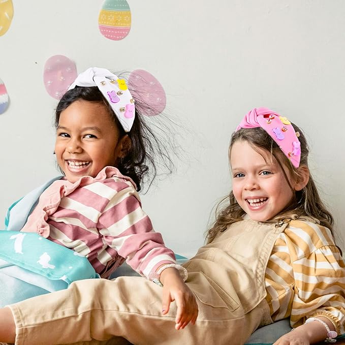 Easter Bunny Headbands for Women, Easters Outfits for Girls Rhinestone Jeweled Rabbit Ears Knotted Headband, Easter Basket Stuffers, Spring Party Favor Gift Peeps Hair Accessories (Pink)