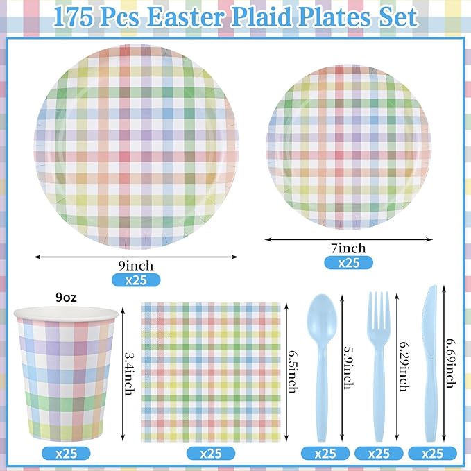 175 Pcs Easter Plates and Napkins, Easter Plaid Party Supplies Include Spring Pastel Gingham Plates Napkins Cups Plastic Cutlery Pastel Party Decorations for Baby Shower, Picnic, Birthday