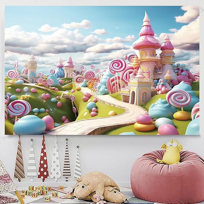 12x8ft Candyland Backdrop Fantasy Sweet Candy Castle Cream Photography Background Candyland Theme Boys Girls Birthday Party Decorations Banner Photo Studio Props