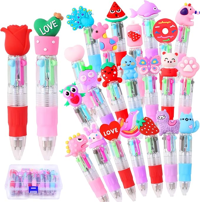 24PCS Valentines Fun Pens 0.7mm Cute Animal Multicolor Ballpoint Pens Retractable 4 Colors in One Valentines Stationery Party Favors School Supplies Students Rewards
