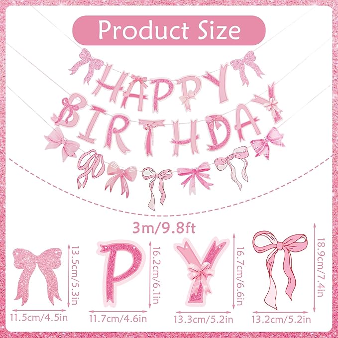 Pre-Strung Pink Bow Birthday Decorations, Pink Coquette Party Decorations, Bow Party Supplies Include Happy Birthday Banner, Bow Garland Banner for Girls