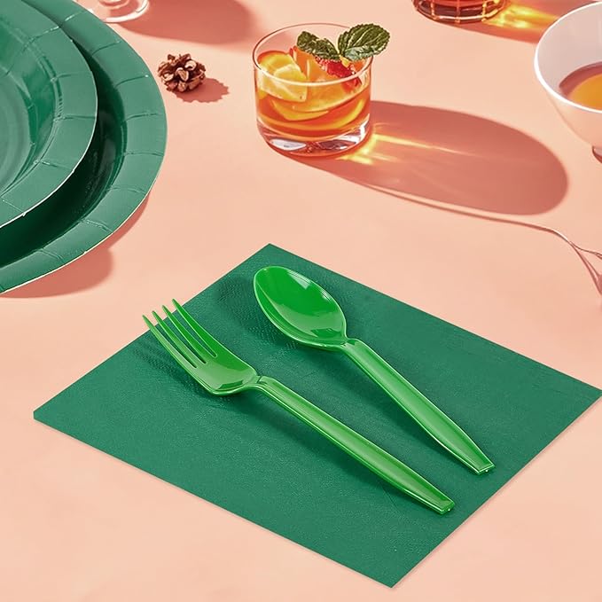 Ottin 169PCS Green Party Supplies for 24 Guests – Disposable Paper Plates, Napkins, Cups, Forks, Knives, Spoons & Tablecloth for Birthday, Wedding, Halloween, Thanksgiving, Christmas, and New Year