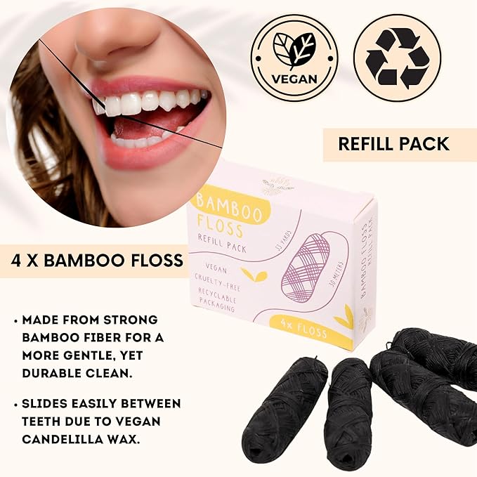 ECO ROOTS Organic Bamboo Floss Refill x4 Rolls, Eco Friendly Dental Charcoal Floss | Reusable & Vegan Bamboo Tooth Flossers | Zero Waste, Plastic Free, Biodegradable