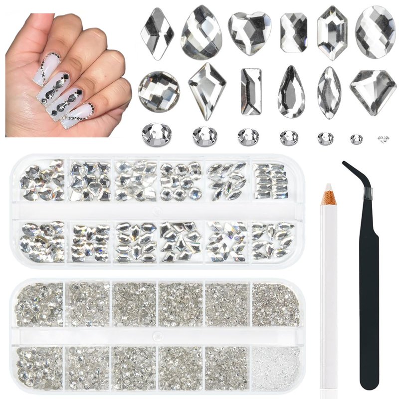 qiipii 4080Pcs Silver Clear Nail Rhinestones Crystal White Stones More Quantity 1.5-4mm Flatback Round Beads K9 Glass Gems Nail Art Diamonds Jewels Charms for Nails Face Eyes Makeup Shoes DIY Crafts