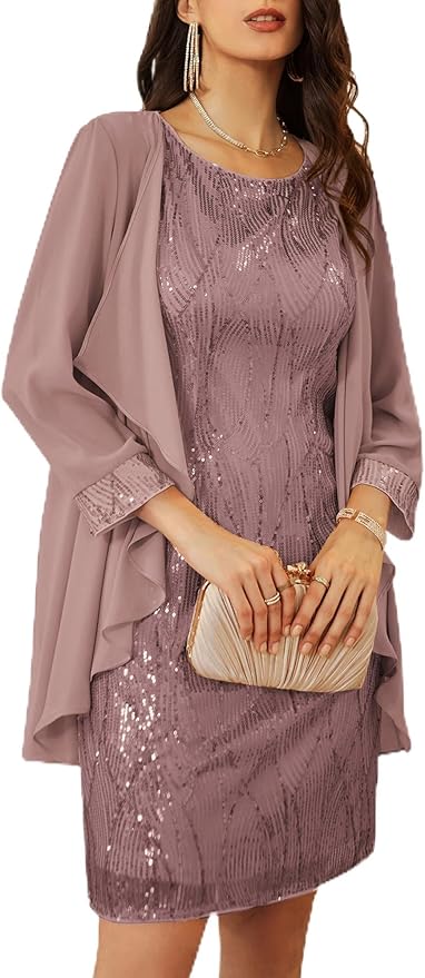GRACE KARIN Women's Sequin Dress - Wedding Guest & Mother of The Bride Formal Dress - Two Piece Knee Length