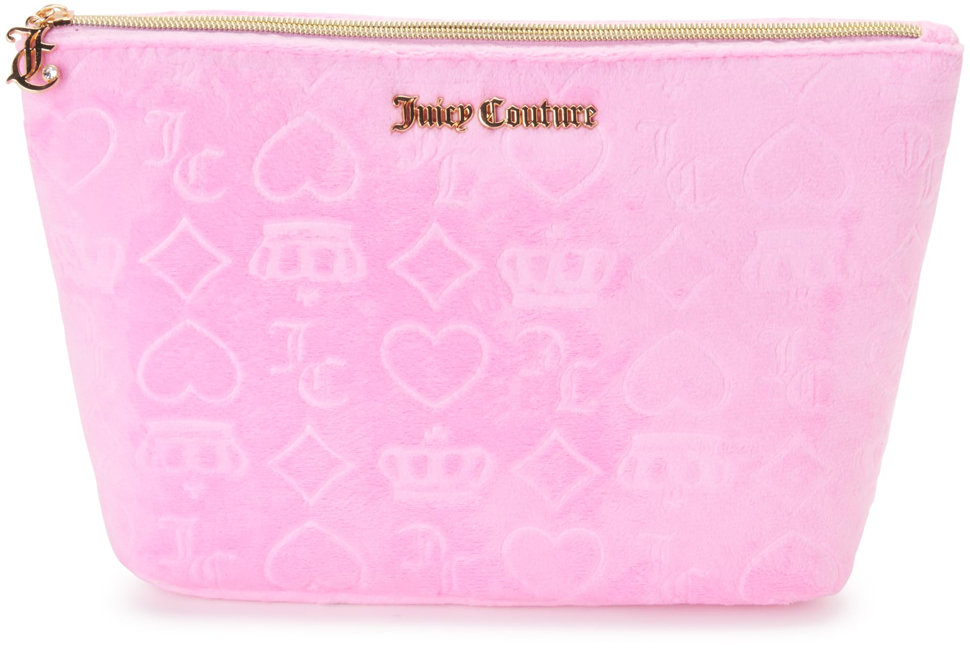 Juicy Couture Pink Makeup Bag Cosmetics Organizer Travel Essentials Zip Top Wedge Velour Heart Crown